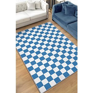 Minimalist Mavi Beyaz Halı Kareli Oturma Odası Halısı Retro Tarzı Salon Halısı 100x150 cm