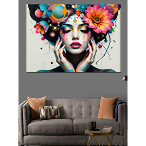 Renkli Çiçekli Yüz Kompozisyonu Dekoratif Kanvas - Mdf Ahşap Tablo 100x140 cm