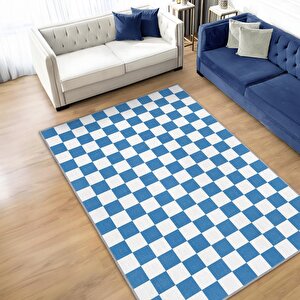 Homshtag Minimalist Mavi Beyaz Halı Kareli Oturma Odası Halısı Retro Tarzı Salon Halısı
