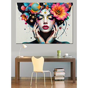 Renkli Çiçekli Yüz Kompozisyonu Dekoratif Kanvas - Mdf Ahşap Tablo 50x70 cm
