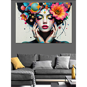 Renkli Çiçekli Yüz Kompozisyonu Dekoratif Kanvas - Mdf Ahşap Tablo 70x100 cm
