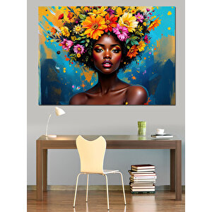 Çiçekli Kafalı Afrikalı Kadın Dekoratif Kanvas - Mdf Ahşap Tablo 100x140 cm