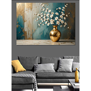 Altın Vazoda Çiçekler Dekoratif Kanvas - Mdf Ahşap Tablo 100x140 cm
