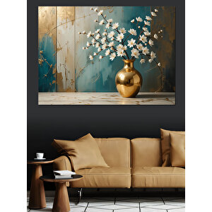 Altın Vazoda Çiçekler Dekoratif Kanvas - Mdf Ahşap Tablo 100x140 cm
