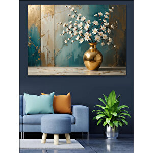 Altın Vazoda Çiçekler Dekoratif Kanvas - Mdf Ahşap Tablo 100x140 cm