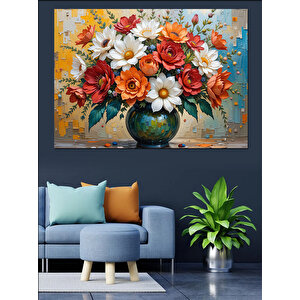 Vazoda Renkli Çiçekler Armonisi Dekoratif Kanvas - Mdf Ahşap Tablo 50x70 cm