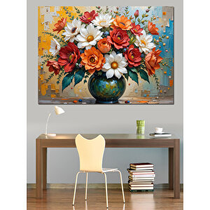 Vazoda Renkli Çiçekler Armonisi Dekoratif Kanvas - Mdf Ahşap Tablo