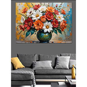 Vazoda Renkli Çiçekler Armonisi Dekoratif Kanvas - Mdf Ahşap Tablo