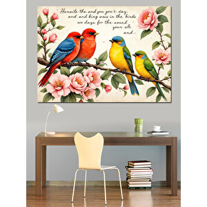 Çiçekler Ve Kuşlar Dekoratif Kanvas - Mdf Ahşap Tablo 70x100 cm