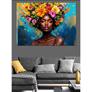 Çiçekli Kafalı Afrikalı Kadın Dekoratif Kanvas - Mdf Ahşap Tablo 35x50 cm