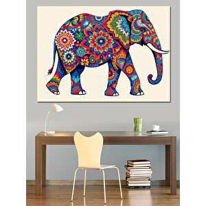 Renkli Süslenmiş Fil Dekoratif Kanvas - Mdf Ahşap Tablo 50x70 cm