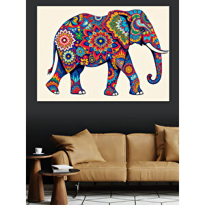 Renkli Süslenmiş Fil Dekoratif Kanvas - Mdf Ahşap Tablo 50x70 cm