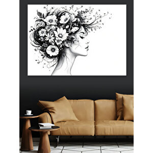 Çiçeklerden Saçlı Siyah Beyaz Kadın Dekoratif Kanvas - Mdf Ahşap Tablo 70x100 cm