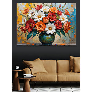 Vazoda Renkli Çiçekler Armonisi Dekoratif Kanvas - Mdf Ahşap Tablo 100x140 cm