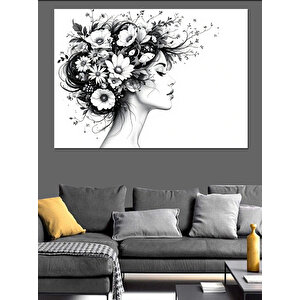 Çiçeklerden Saçlı Siyah Beyaz Kadın Dekoratif Kanvas - Mdf Ahşap Tablo 25x35 cm