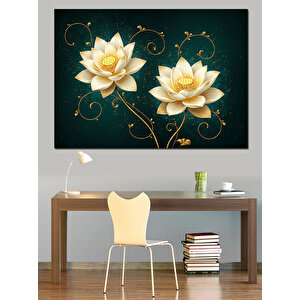Altın Yapraklı Lotus Çiçekleri Dekoratif Kanvas - Mdf Ahşap Tablo 35x50 cm