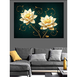 Altın Yapraklı Lotus Çiçekleri Dekoratif Kanvas - Mdf Ahşap Tablo 35x50 cm