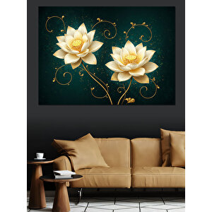 Altın Yapraklı Lotus Çiçekleri Dekoratif Kanvas - Mdf Ahşap Tablo 35x50 cm