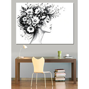 Çiçeklerden Saçlı Siyah Beyaz Kadın Dekoratif Kanvas - Mdf Ahşap Tablo 50x70 cm