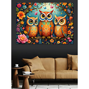 Çiçekli Baykuş Ailesi Dekoratif Kanvas - Mdf Ahşap Tablo 100x140 cm
