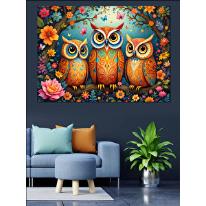 Çiçekli Baykuş Ailesi Dekoratif Kanvas - Mdf Ahşap Tablo 100x140 cm