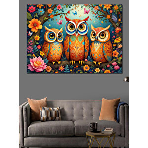Çiçekli Baykuş Ailesi Dekoratif Kanvas - Mdf Ahşap Tablo 50x70 cm