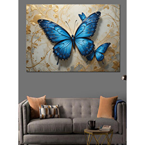 Altın Arka Planda Mavi Kelebek Dekoratif Kanvas - Mdf Ahşap Tablo 70x100 cm