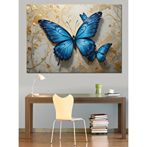 Altın Arka Planda Mavi Kelebek Dekoratif Kanvas - Mdf Ahşap Tablo 70x100 cm
