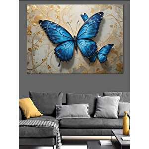Altın Arka Planda Mavi Kelebek Dekoratif Kanvas - Mdf Ahşap Tablo 70x100 cm