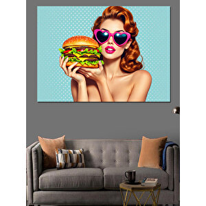 Hamburger Tutan Retro Kadın Dekoratif Kanvas - Mdf Ahşap Tablo 100x140 cm