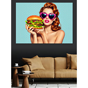 Hamburger Tutan Retro Kadın Dekoratif Kanvas - Mdf Ahşap Tablo 50x70 cm