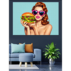 Hamburger Tutan Retro Kadın Dekoratif Kanvas - Mdf Ahşap Tablo 50x70 cm