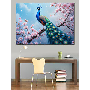 Kiraz Çiçekli Tavuskuşu Dekoratif Kanvas - Mdf Ahşap Tablo 100x140 cm