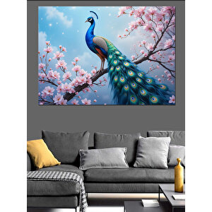 Kiraz Çiçekli Tavuskuşu Dekoratif Kanvas - Mdf Ahşap Tablo 70x100 cm