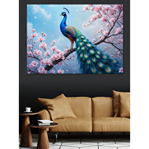 Kiraz Çiçekli Tavuskuşu Dekoratif Kanvas - Mdf Ahşap Tablo 70x100 cm