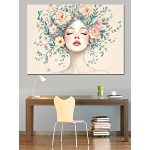 Çiçekli Portre Kadın Dekoratif Kanvas - Mdf Ahşap Tablo 100x140 cm