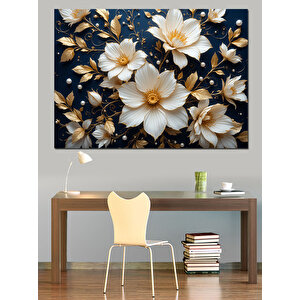 Altın Beyaz Çiçekler Dekoratif Kanvas - Mdf Ahşap Tablo 100x140 cm