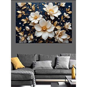 Altın Beyaz Çiçekler Dekoratif Kanvas - Mdf Ahşap Tablo 100x140 cm