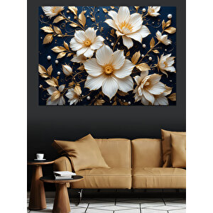 Altın Beyaz Çiçekler Dekoratif Kanvas - Mdf Ahşap Tablo 100x140 cm