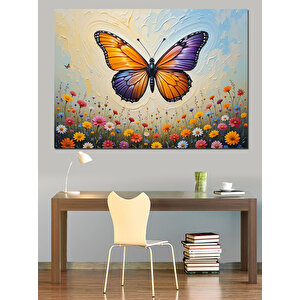Çiçekler Üzerinde Turuncu Kelebek Dekoratif Kanvas - Mdf Ahşap Tablo 35x50 cm