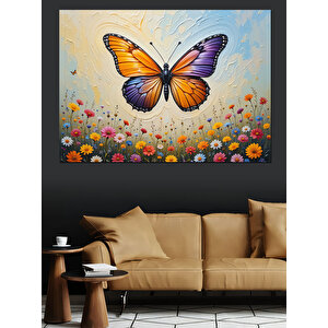 Çiçekler Üzerinde Turuncu Kelebek Dekoratif Kanvas - Mdf Ahşap Tablo
