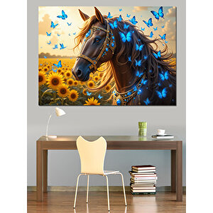 Ayçiçeği Tarlasında At Ve Mavi Kelebekler Dekoratif Kanvas - Mdf Ahşap Tablo 100x140 cm