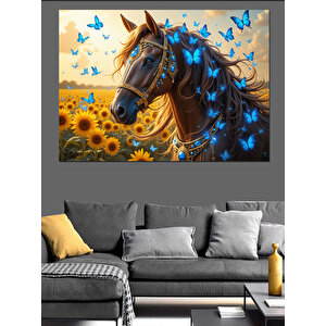 Ayçiçeği Tarlasında At Ve Mavi Kelebekler Dekoratif Kanvas - Mdf Ahşap Tablo 100x140 cm