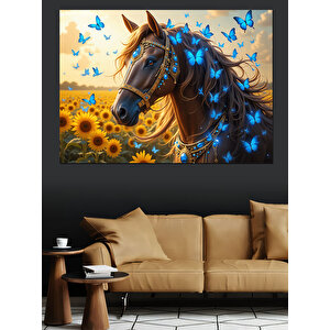 Ayçiçeği Tarlasında At Ve Mavi Kelebekler Dekoratif Kanvas - Mdf Ahşap Tablo 100x140 cm