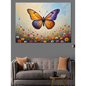 Çiçekler Üzerinde Turuncu Kelebek Dekoratif Kanvas - Mdf Ahşap Tablo 50x70 cm