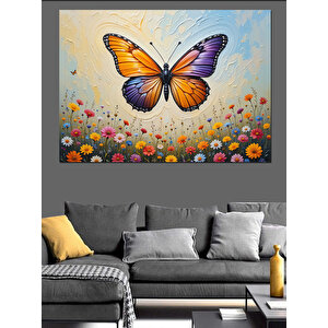 Çiçekler Üzerinde Turuncu Kelebek Dekoratif Kanvas - Mdf Ahşap Tablo 50x70 cm