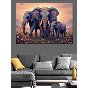 Renkli Desenli Yürüyen Filler Dekoratif Kanvas - Mdf Ahşap Tablo 100x140 cm