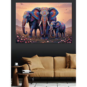 Renkli Desenli Yürüyen Filler Dekoratif Kanvas - Mdf Ahşap Tablo 100x140 cm