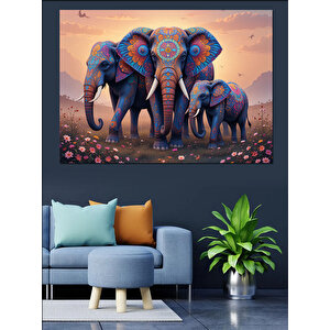 Renkli Desenli Yürüyen Filler Dekoratif Kanvas - Mdf Ahşap Tablo 100x140 cm