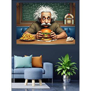 Hamburger Yiyen Einstein Dekoratif Kanvas - Mdf Ahşap Tablo